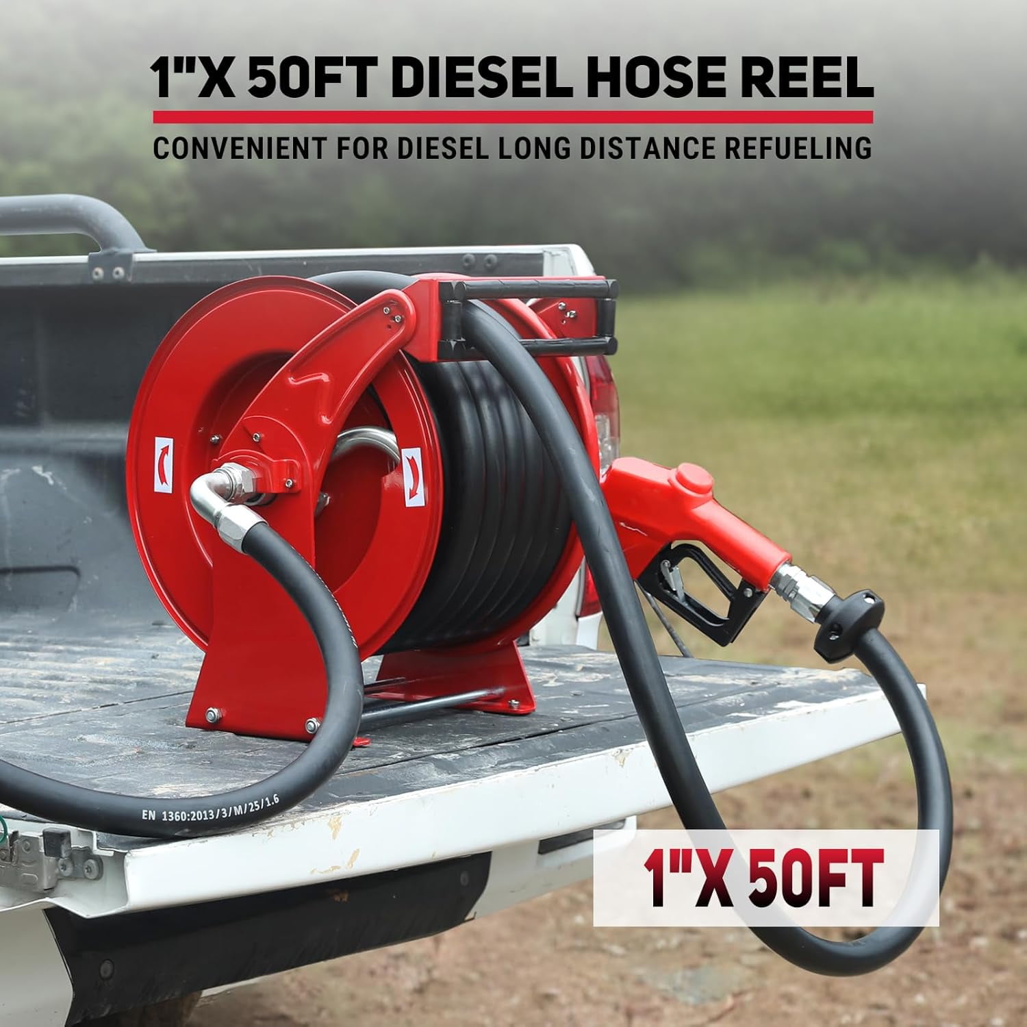 XUTUMM Fuel Hose Reel Retractable 1" x 50' Adjustable Dual Arm, All-weatherAuto Rewind, Heavy Duty Steel, with Fueling Nozzle for Aircraft Ship Vehicle Tank Truck, 300 PSI