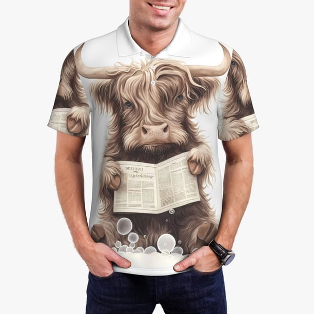 Fotbe Relaxed Cute Cow Reading Camiseta Polo de Golf para Hombre con Estampado – Camisa Deportiva Transpirable con Cuello Abotonado-Large
