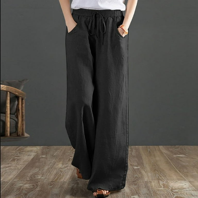 SSAAVKUY Women's Cotton Linen Loose Drawstring Belt Casual Wide Leg Pants  Lounge Pants for Workout Running Outwear Athletic Trousers Black XL 