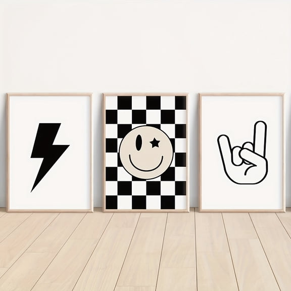 3pcs Art Deco Classic Modern Black and White Cartoon Canvas Posters, Frameless Rock Music Lightning & Smile Face Art Prints for Living Room, Bedroom, Nursery, Kitchen - Indoor Portrait Orientation W