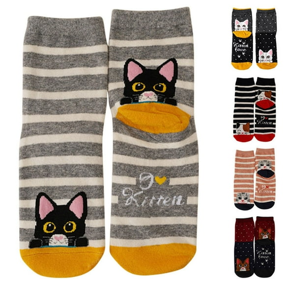 XUFLVPSEF 5 Pairs Cat Socks Womens Cute Animal Ankle Socks Novelty Funny Crew Sock Ladie Girls Soft Cotton Quarter Socks Running Socks Black