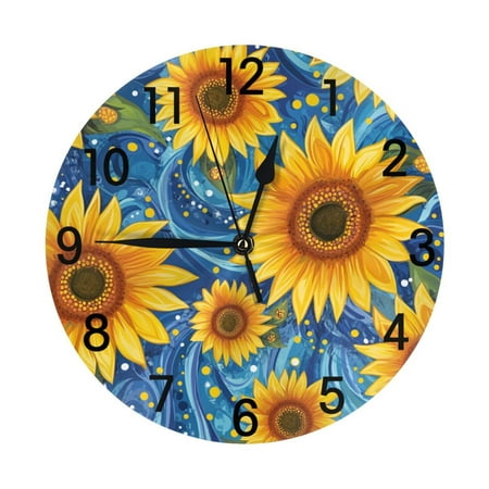 YladaFaie 10 Inch Round Sunflower Wall Clock, Silent Non-Ticking Home Kitchen Decor, Battery Operated Clock Vintage Round Clock, Easy to Read, Decorative for Home Bathroom Office Decor
