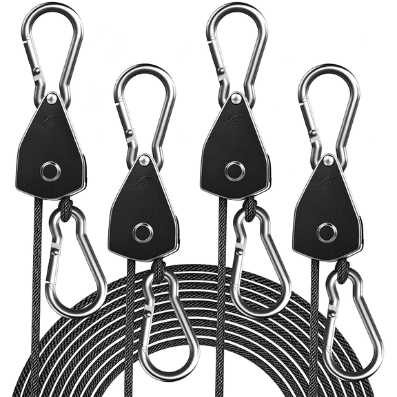 MISSMILE 4-Pack 1/8" Adjustable Rope Hanger,Heavy Duty Ratchet Tie Down Strap with Reinforced Metal Gear,Ratcheting Pulley System for Hanging Plants,Grow Light,and Various Uses