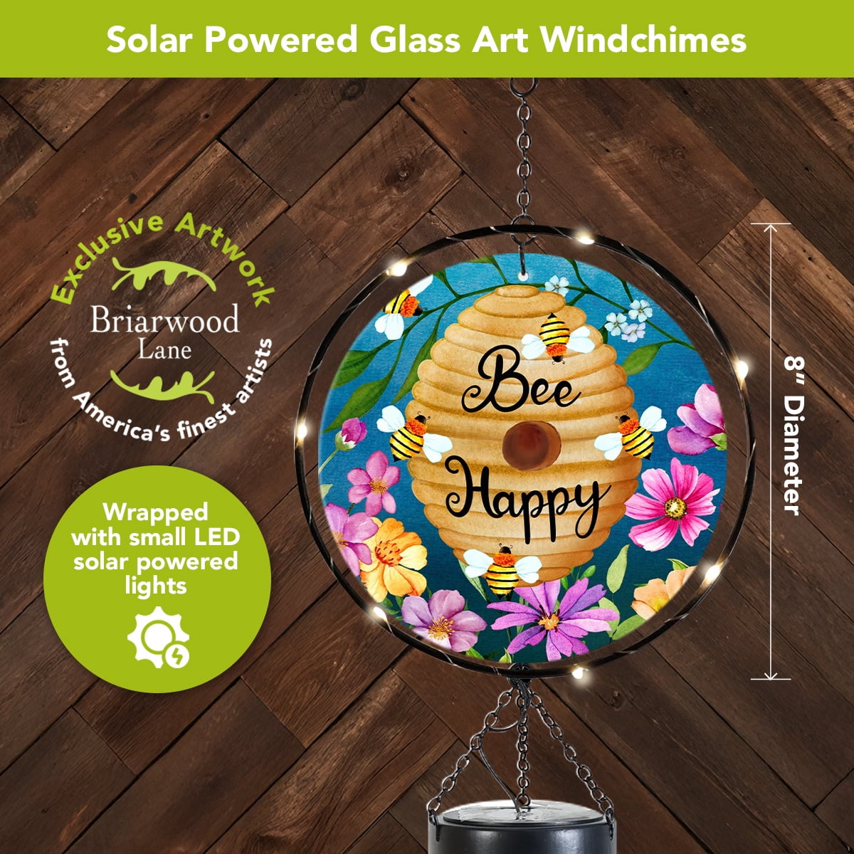 Briarwood Lane Spring LED Illuminated Solar Powered Glass Suncatcher  Wind Chime 37x8 Happy Beehive For Spring Wind Chime For Outdoors Melodic Metal Windchimes Wind-Chimes
