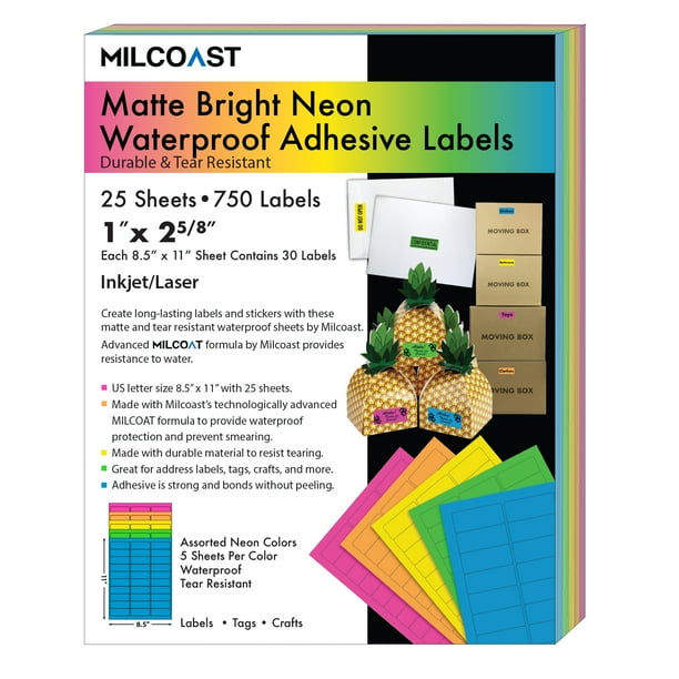 Milcoast Bright Neon Matte Waterproof Tear Resistant Address Labels - 1