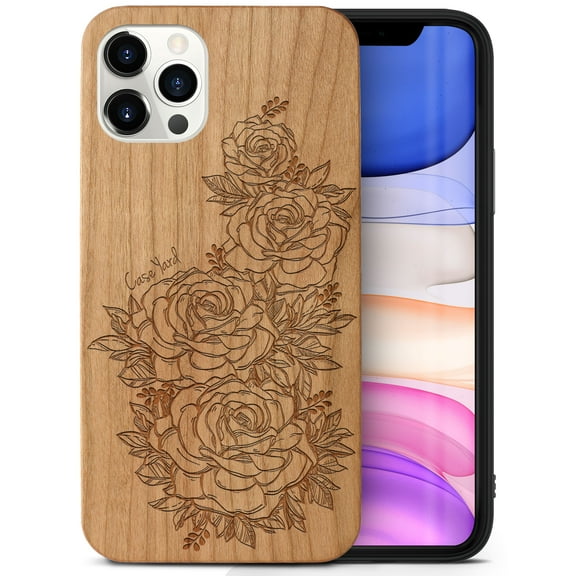 Case Yard Wooden Case Outside Soft TPU Silicone, Slim Fit Shockproof Wood Protective Phone Cover for Girls Boys Men and Women, Supports Wireless Charging Victorian Roses Design case for iPhone-11-Pro