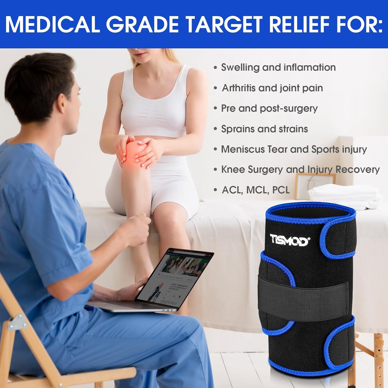 Knee Ice Pack Wrap - Cold/Hot Gel Compression Brace Support For Swelling, Knee Surgery, Meniscus Tear, ACL，MCL, PCL, Women, Men (Blue)