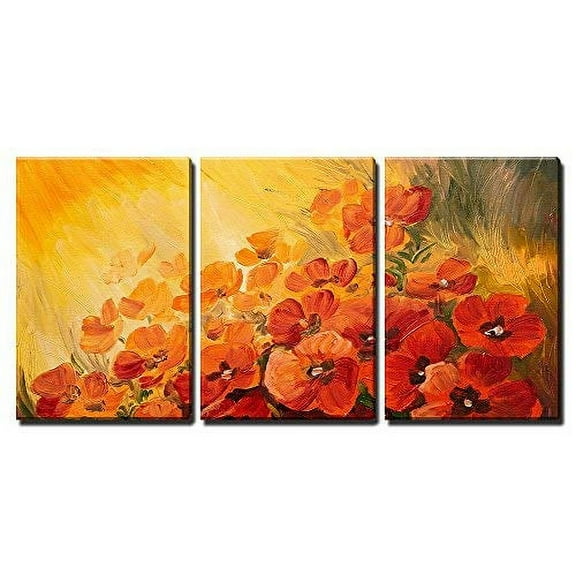 wall26 - 3 Piece Canvas Wall Art - Oil Painting - Abstract Illustration of Poppies on a Red-Yellow Background, Wallpaper - Modern Home Art Stretched and Framed Ready to Hang - 24"x36"x3 Pan