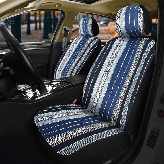 Nilight Car Seat Covers 2PCS Blue Stripes Baja Saddle Blanket with Shoulder Pads Breathable Washable Striped Woven Airbag Compatible Universal for Cars SUV Truck Front Seat