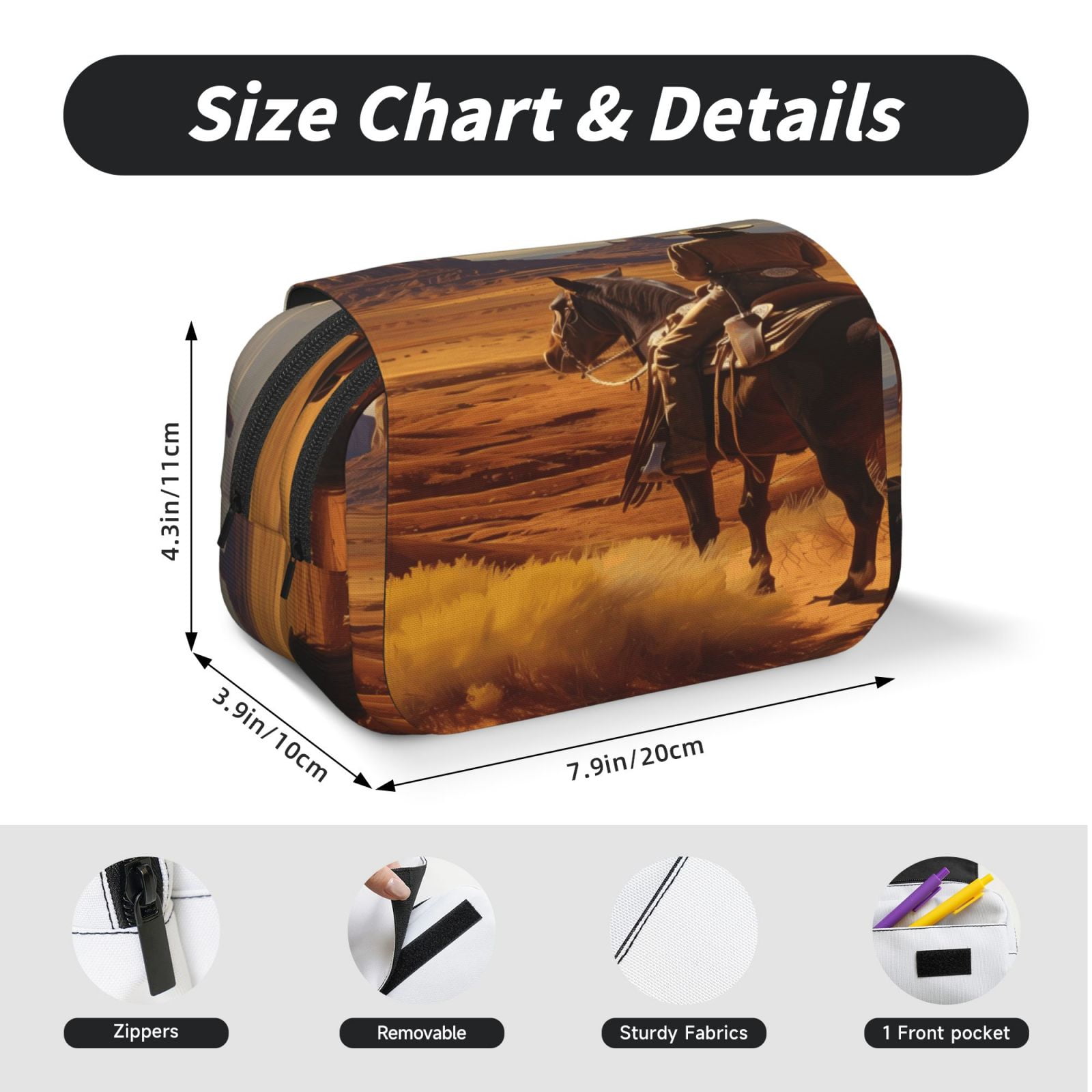 Rateoe Western Desert Cowboy Cloud Pattern Double Clamshell Pen Case, Storage Organizer with Two Zipper Compartments– Holds Up to 50 Pencils & Pens