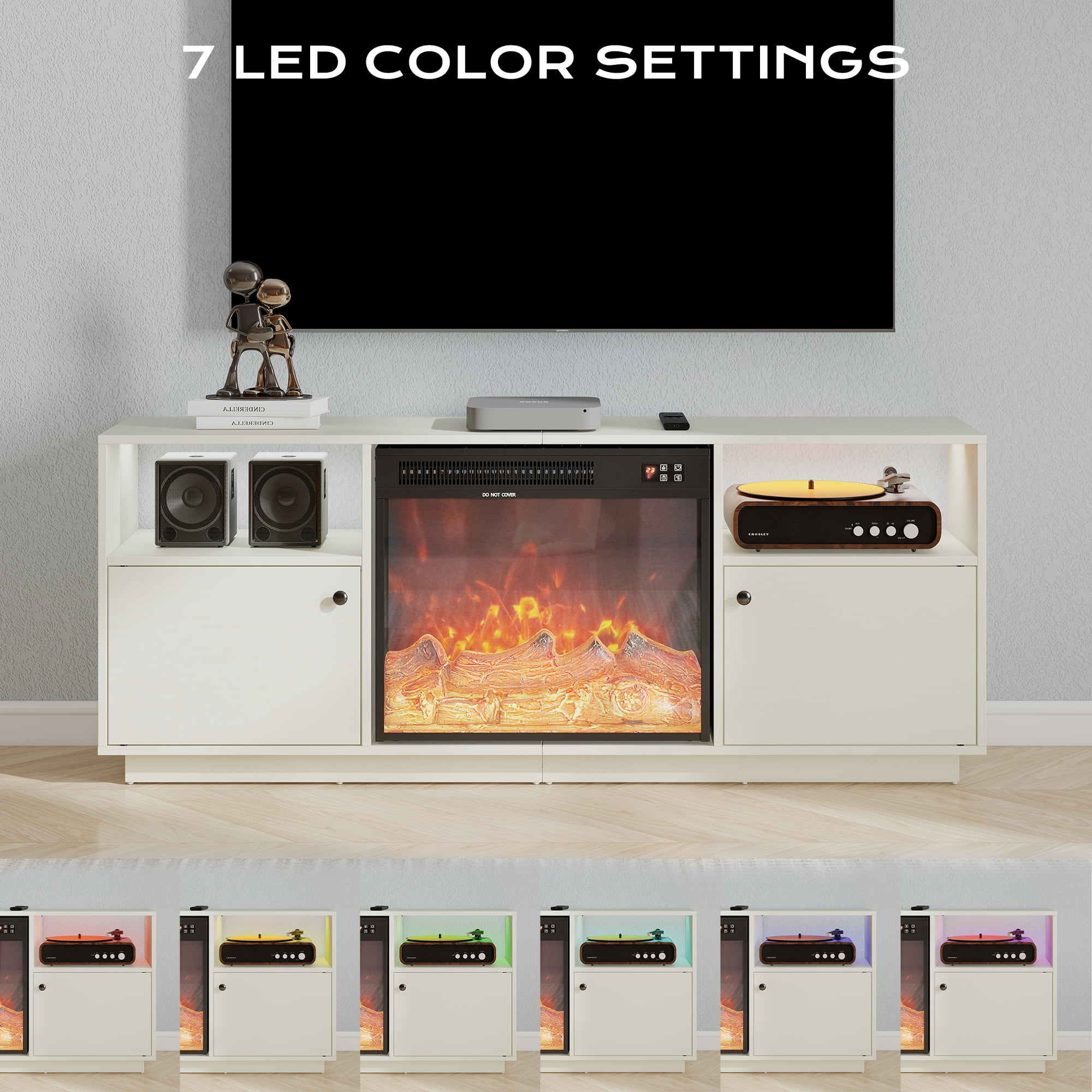 Manxile Fireplace TV Stand with 23'' Fireplace for TVs up to 75'', Two Drawers Storage, LED Light, White
