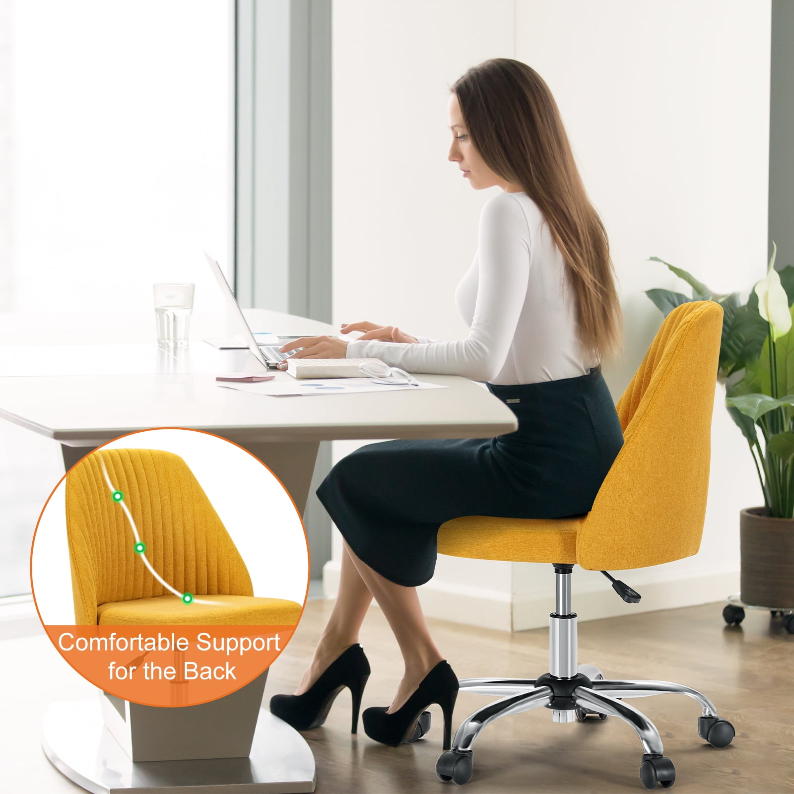 MAYEERTY Armless Office Desk Chair Height Adjustable, Mid Back Accent Chair, Yellow
