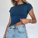 thumbnail image 3 of Camiseta de manga corta con cuello redondo azul para mujer, camiseta informal de corte ajustado, talla XS Summer Chic, 3 of 7