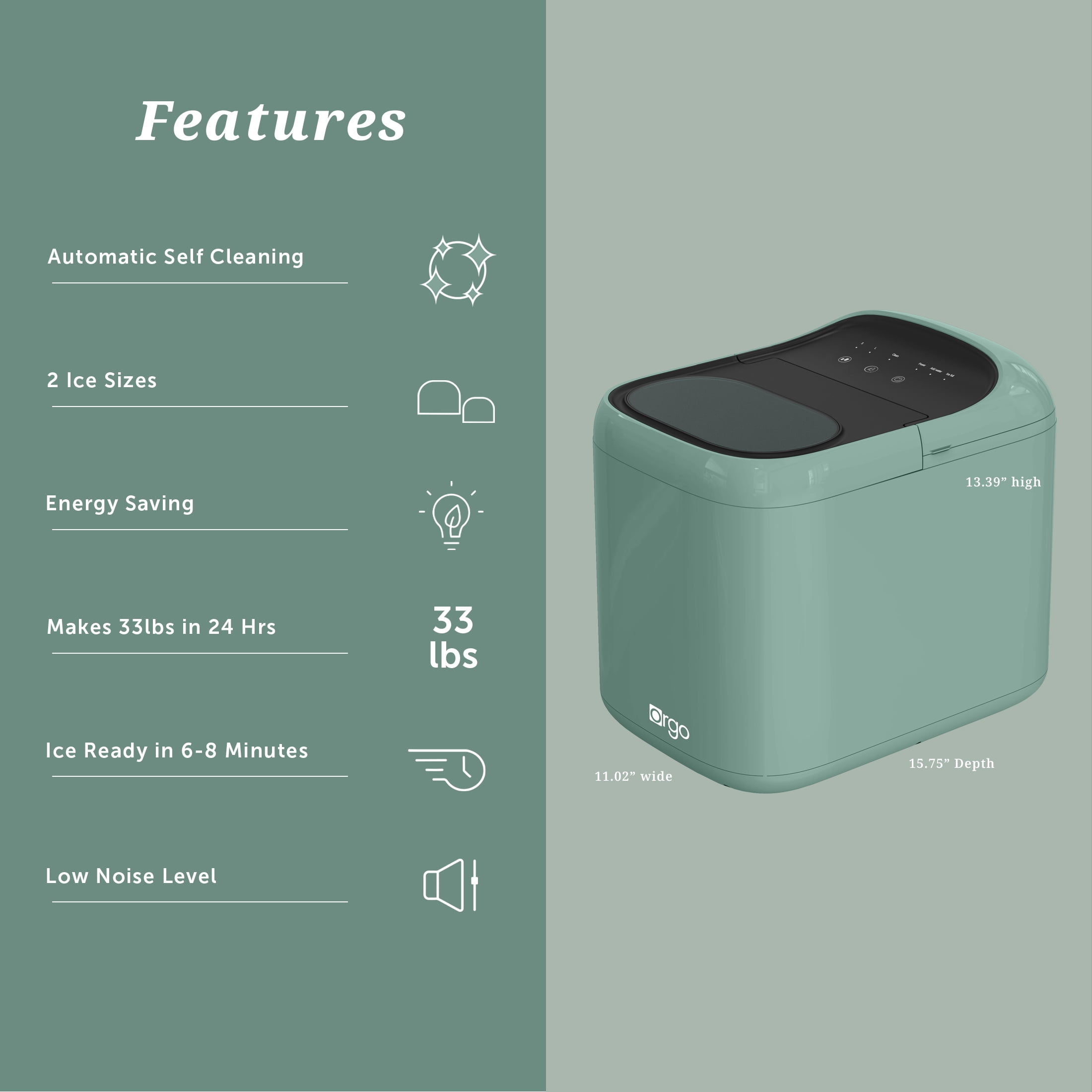 Orgo Products The Aspen Countertop Ice Maker, Bullet Ice Type, 33 lbs of Ice, Green