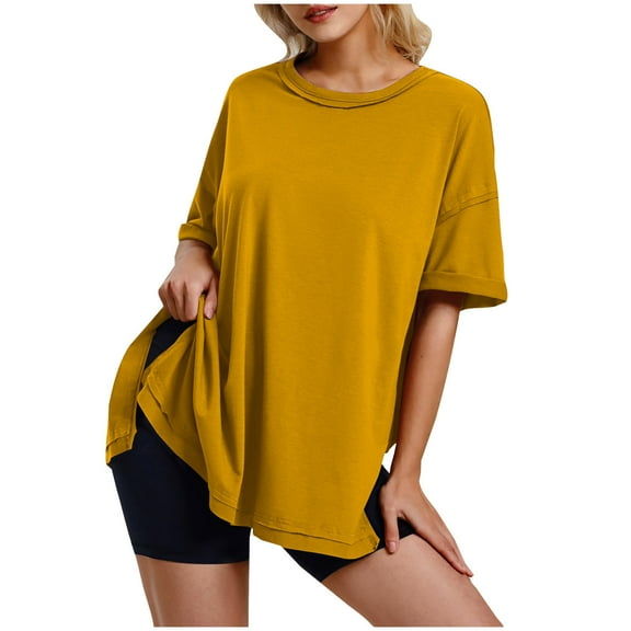 Timegard Oversized Top for Women Round Neck Short Sleeve Side Split Blouse Casual Loose Comfy Tee Top