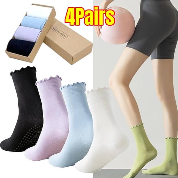 4 Pairs Pilates Socks with Grips Non-slip Ruffle Yoga Sock Grip Sock for Women