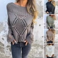 thumbnail image 2 of Women Sweater Round Neck Long Sleeve Hollow Design Jacquard Decor Knitting Tops Solid Color Loose Fit Casual Sweater, 2 of 8