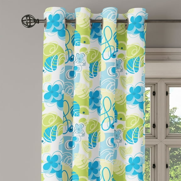 Ambesonne Floral Grommet Curtain Single Panel, Pastel Whimsical Doodle, 50"x60", Blue Green White