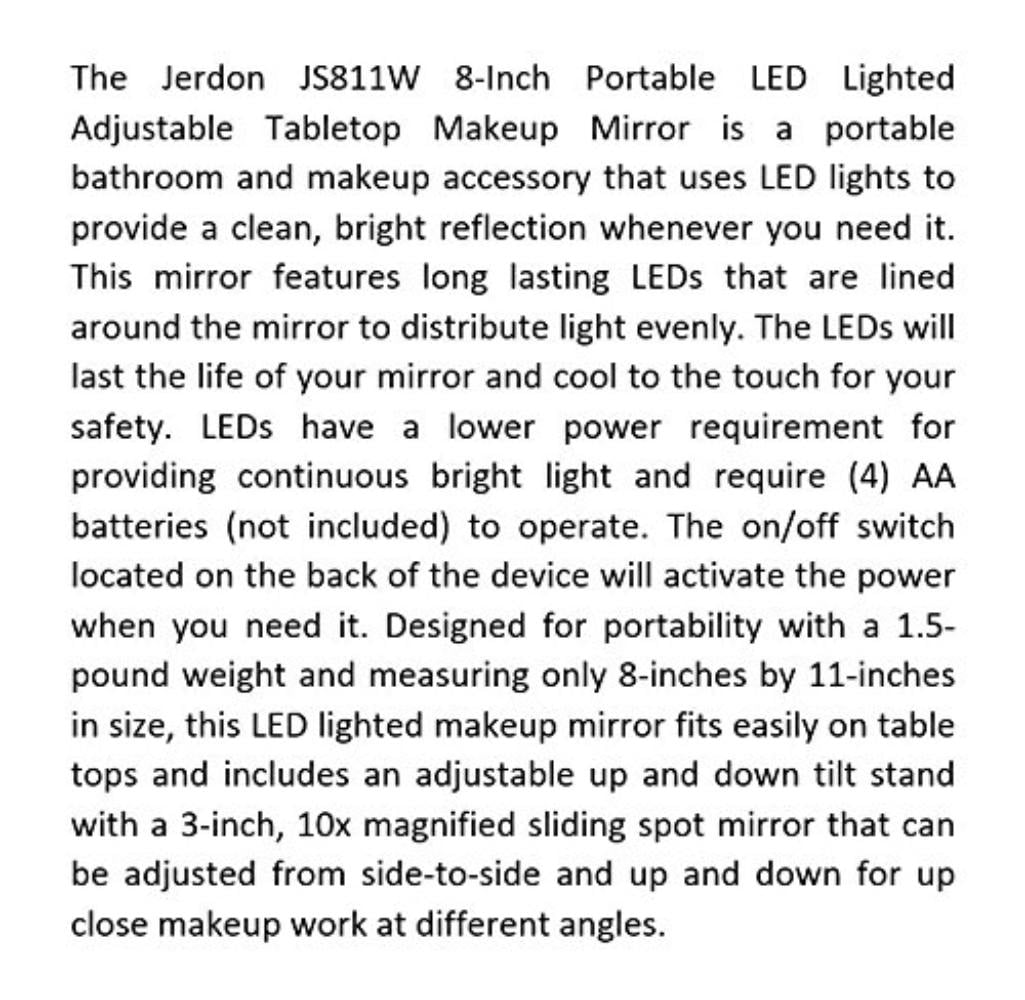 White Finish Jerdon JS811W 8-Inch by 11-Inch Rectangular LED Lighted Vanity Mirror with 10x Magnification Spot Mirror