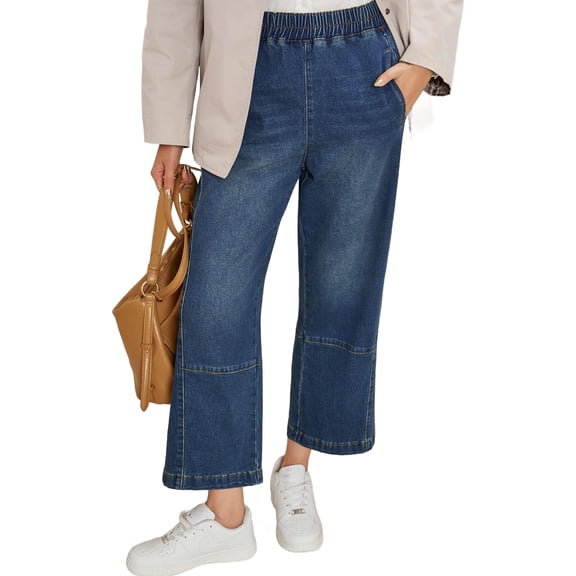 Women Elastic Waist Casual Wide Leg Jeans Ankle Barrel Capri Denim Pants