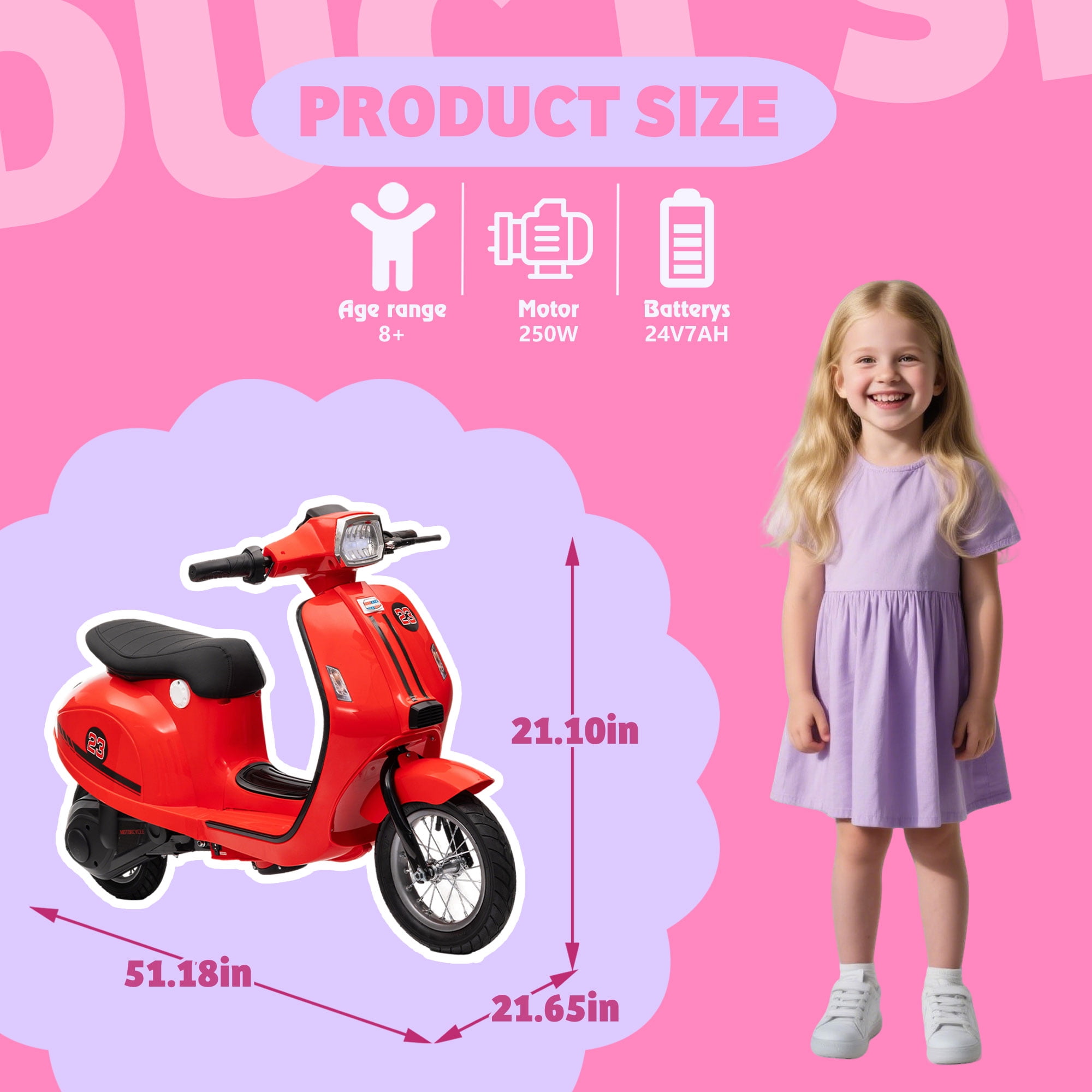 Okybaby 24V Ride on Motorcycle, 250W Electric Motorcycle with Max Speed 10 Mph, Twist-Grip Throttle, 12" Air Tyre, MP3 Player, Bluetooth, Powered Ride on Toy Car for Aged 8+, Red