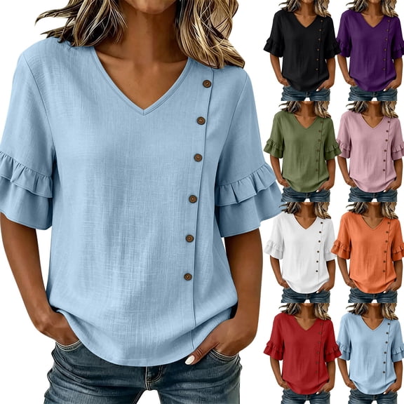 Ashirexll Short Sleeve Shirts for Women Summer Solid Color V-Neck Three Quarter Pleated Sleeve Button Down Slit Top T-Shirt