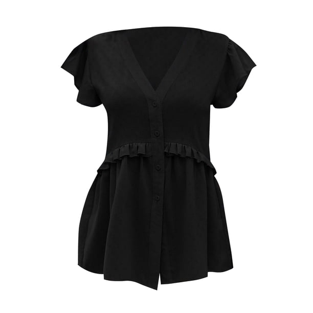 Gibobby Playera de Manga Corta Casual Suave Top mujer manga corta con cuello en V color sólido con personalidad Diseño simple y exquisito informal(Negro,CH)