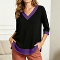 thumbnail image 6 of Warop Women's Summer Color Block V Neck 3/4 Sleeve Top Contrast Cuff Hem Casual Loose Tee Blouse for Daily Outing, 6 of 9