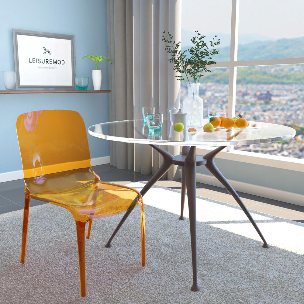 LeisureMod Murray Mid-Century Modern Dining Chair - Transparent Orange Acrylic, Ergonomic Design, Stackable