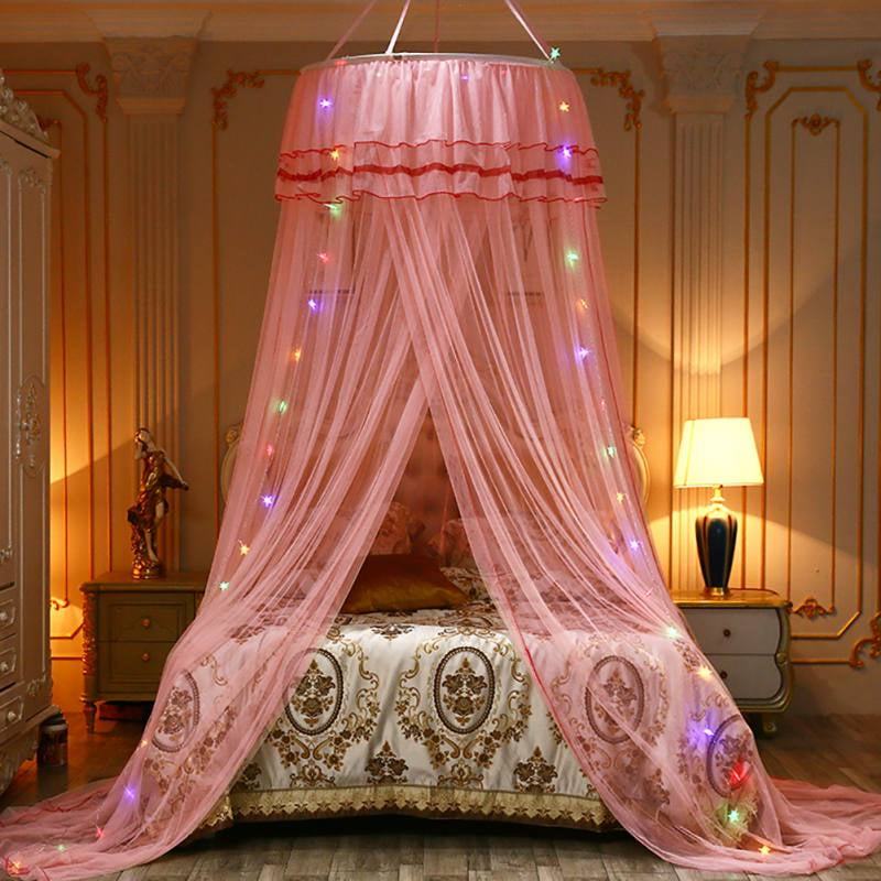 Mosquito Net Bedding Lace LED Light Princess Dome Mesh Bed Canopy Bedroom Decor 