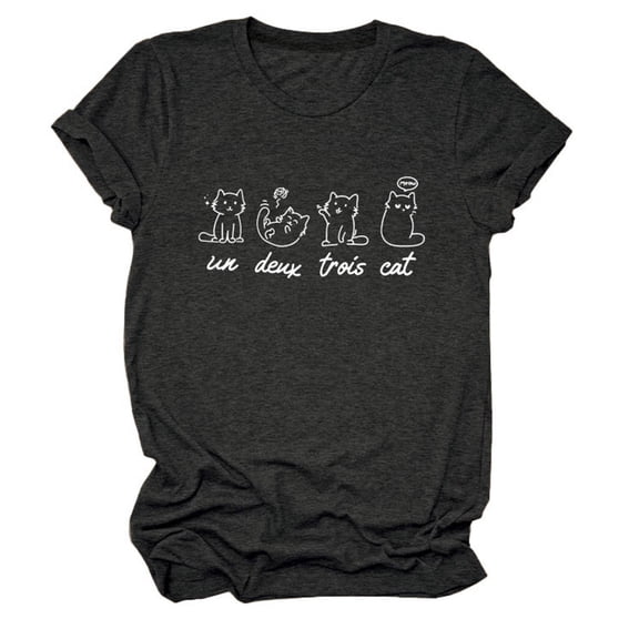 Women Un Deux Trois Cat Shirt Cute Cat Graphic T-Shirt French Saying Graphic Tees (Dark Gray XXXL)