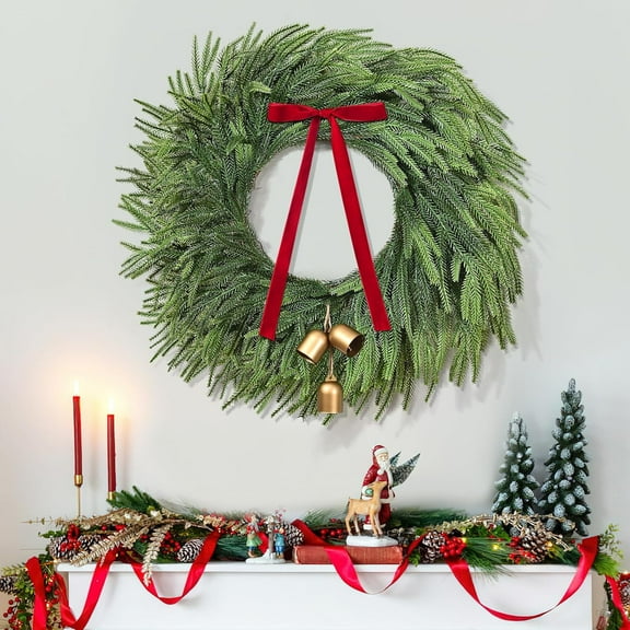 Large Artificial Norfolk Pine Christmas Wreath with Red Velvet Bow & Gold Bells - 24 Inch Faux Evergreen Wreath for Christmas Front Door, Indoor Holiday Home Christmas Decoration
