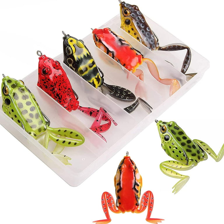 Topwater Frog Fishing Lures Kit Soft Artificial Baits with Tackle Box  Hollow Frog for Bass Pike Snakehead Dogfish Musky, Pack of 5 