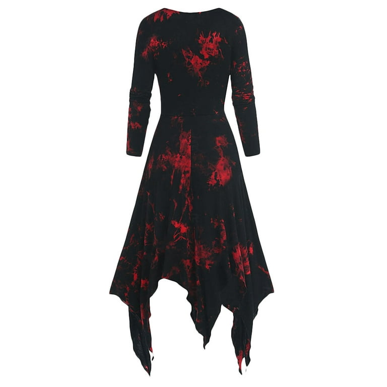 GWAABD Elastic Waist Dress Women Dress Plus Size Tie-Dye Print Long Sleeve  Lace-up Handkerchi Gothic Dress 