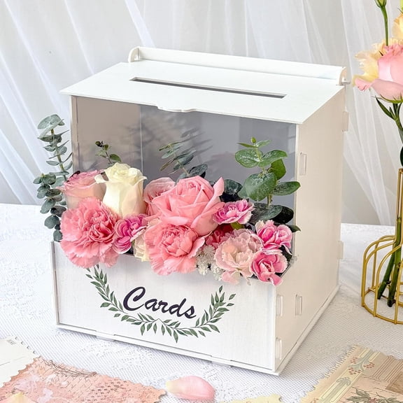 Wooden Wedding Card Box with Flower Trough, White Gift Card Box for Wedding with Acrylic Board, Weddings Cards Boxes for Reception Graduation Birthday Party Bridal Baby Shower Decorations