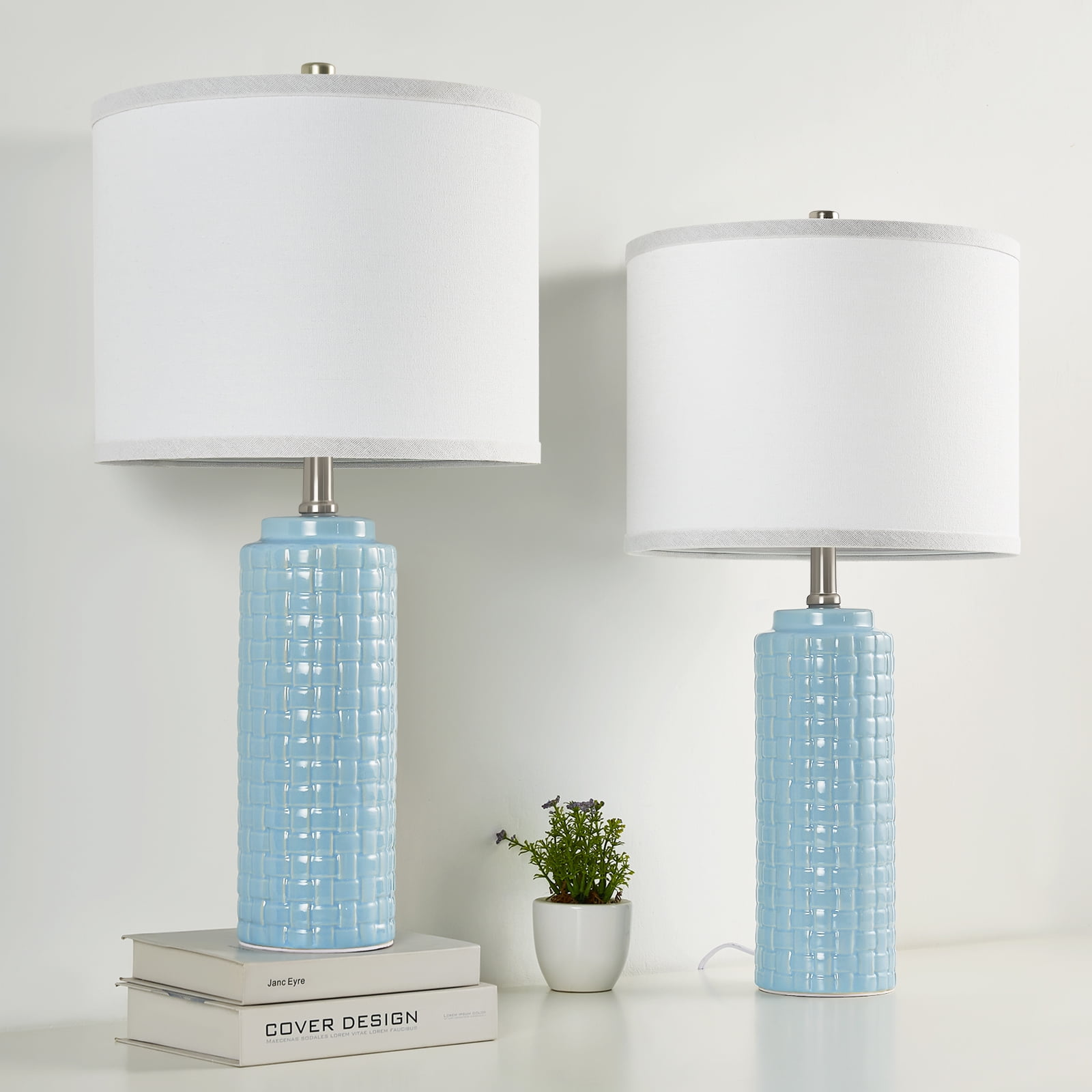 NATYSWAN 24.8" Modern Ceramic Bedside Lamp Set of 2, 3 Color Temperature Bulbs Included - Farmhouse Nightstand Lamps for Living Room Bedroom End Table Office Entryway, Cyan