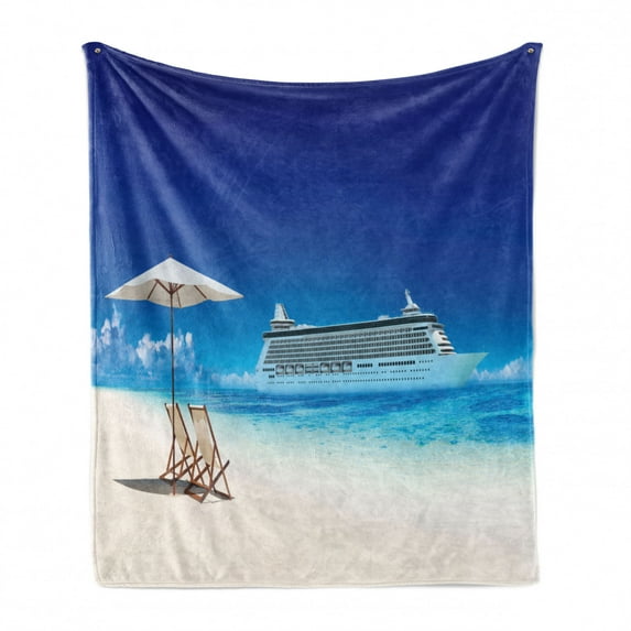 Seaside Soft Flannel Fleece Blanket, Summer Beach Cruise Boat Trip Tourism Transportation Tranquil Nautical Outdoor, Cozy Plush for Indoor and Outdoor Use, 50" x 60", Blue and White, by Ambesonne