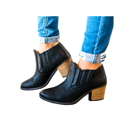 

UKAP Women Stacked Heel Boot Pull On Ankle Boots Block Mid Heels Bootie Comfort Winter Shoes Work Short Booties Low Calf Anti-Slip Black 9