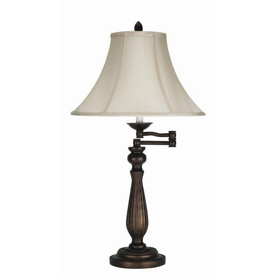 Swing Arm Metal Body Table Lamp with Fabric Bell Shade, Bronze and Beige- Saltoro Sherpi