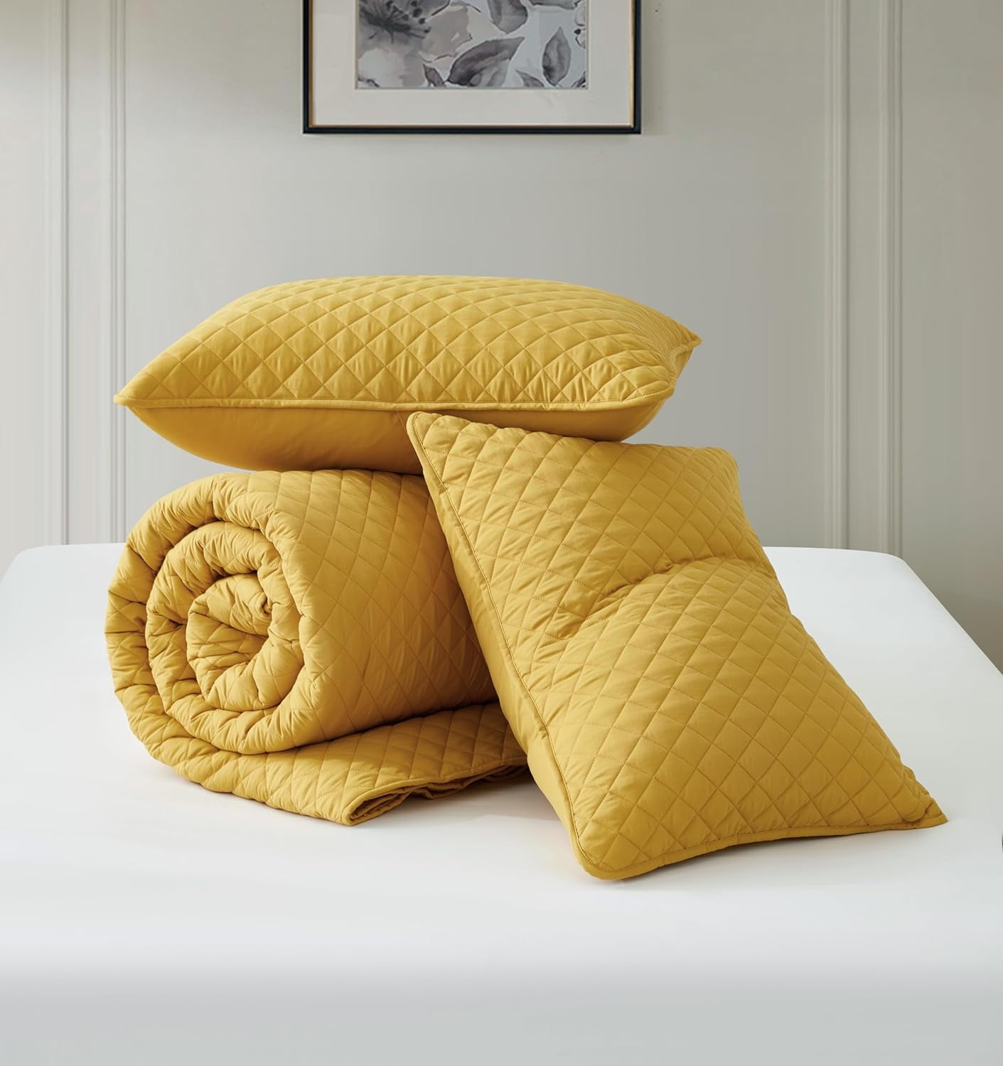 Chezmoi Collection Teo 3-Piece Mustard Yellow Queen Size Quilt Set - Diamond Stitched Lightweight Microfiber Bedspread Set Bedspread Set for All Seasons