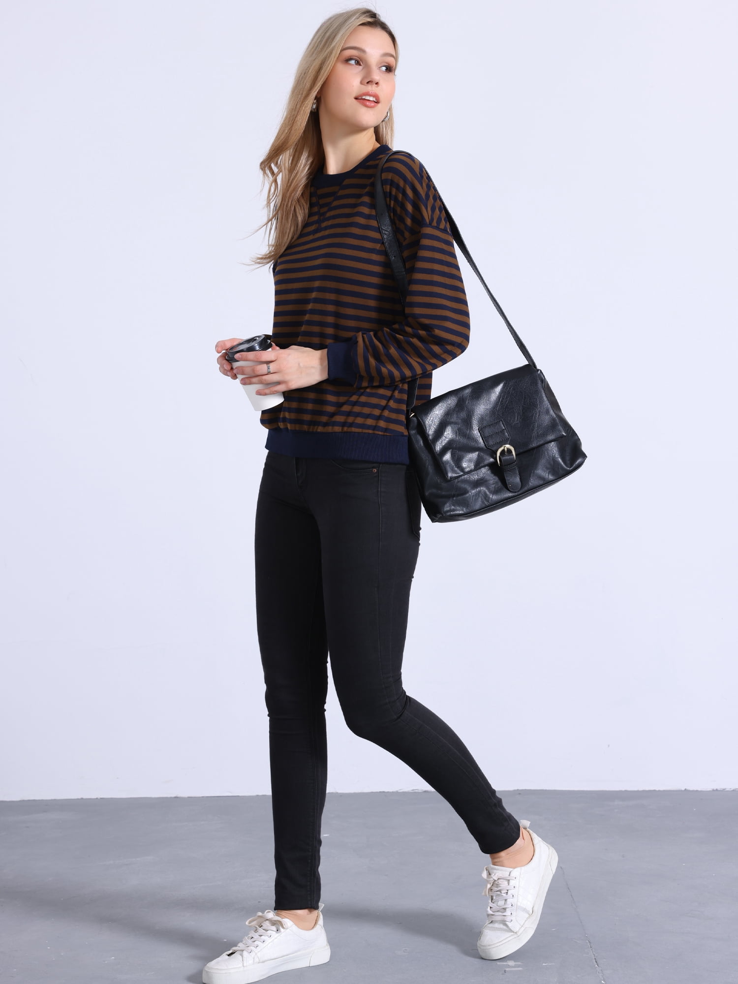 DARING DIVA Women's Crew Neck Striped Long Sleeve Sweatshirt M Brown