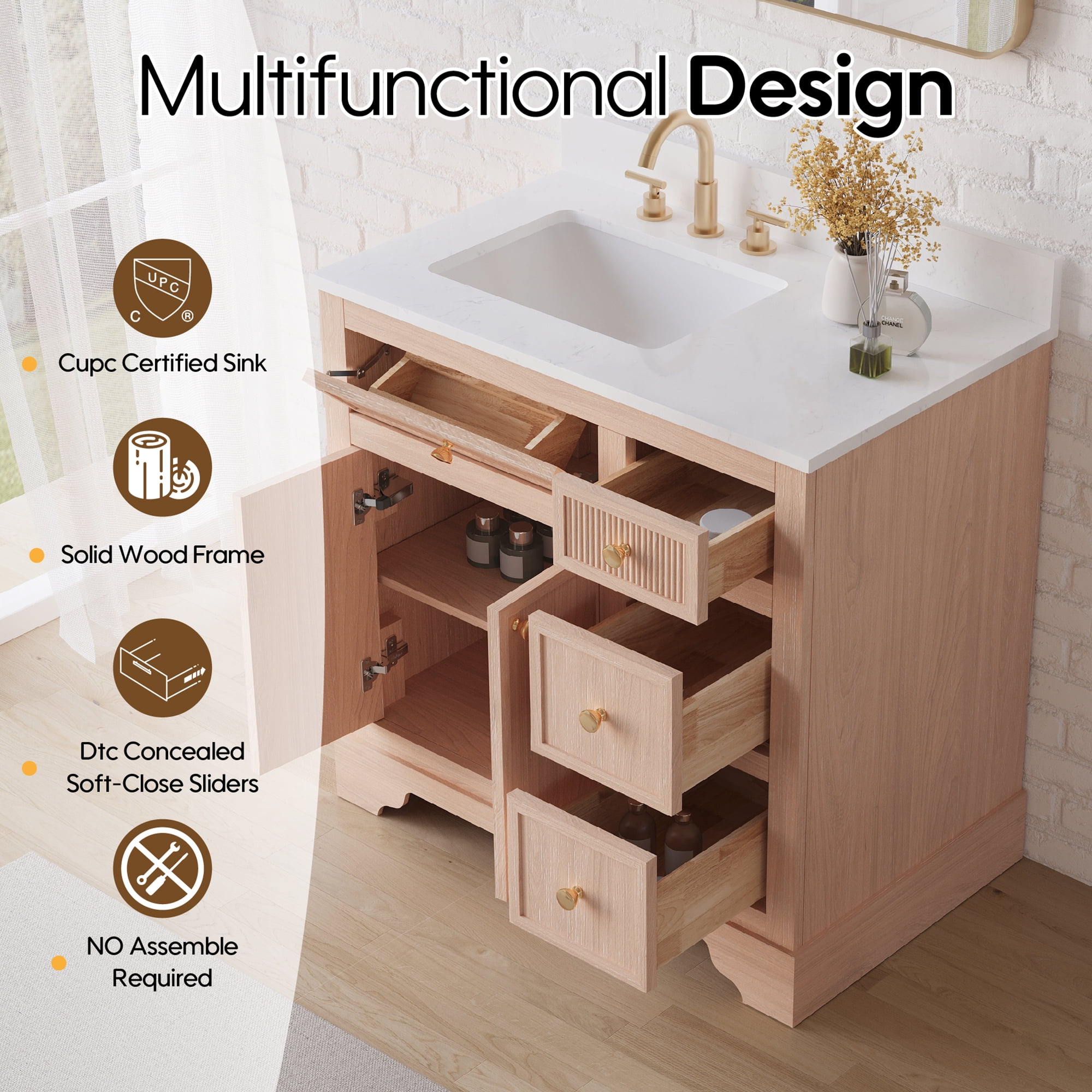 ANGELES HOME 36" Bathroom Vanity with Single Sink Combo, Modern Undermount Bathroom Sink Cabinet with 3 Drawers and a Tip-Out Drawer, Freestanding Bathroom Vanities, Soft Closing, Solid Wood