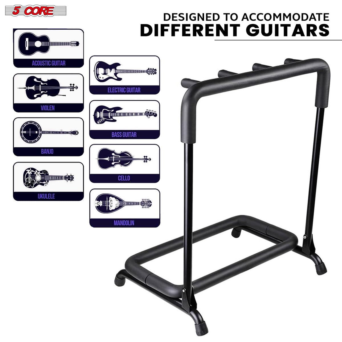 Guitar Rack 3 Slot Multi Guitar Stand Triple Display Floor Stand Safe Storage Foldable Portable for Electric Acoustic Flying V Guitars - GRack 3N1