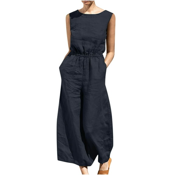 Linen Jumpsuits for Women Sleeveless Solid Crewnek Loose Wide Leg Palazzo Cropped Pants Lounge Romper with Pockets