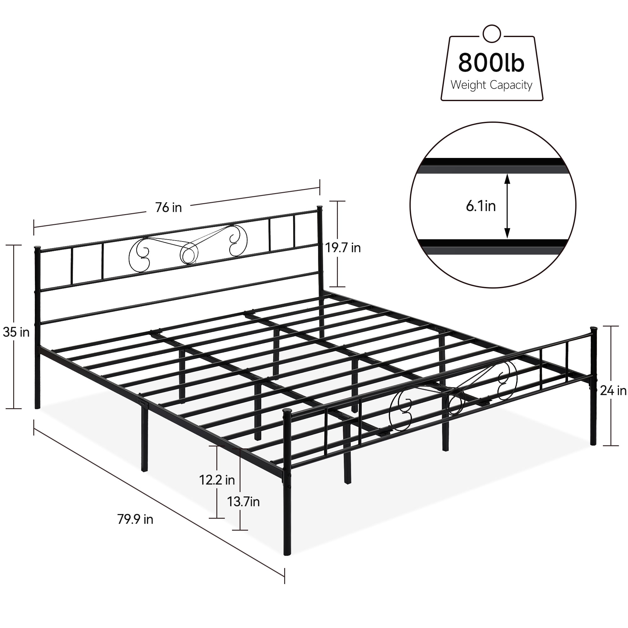 Senfot King Size Metal Platform Bed Frame - Minimalist Curved Iron Design, Heavy Duty Steel Slats, No Box Spring Needed, Black