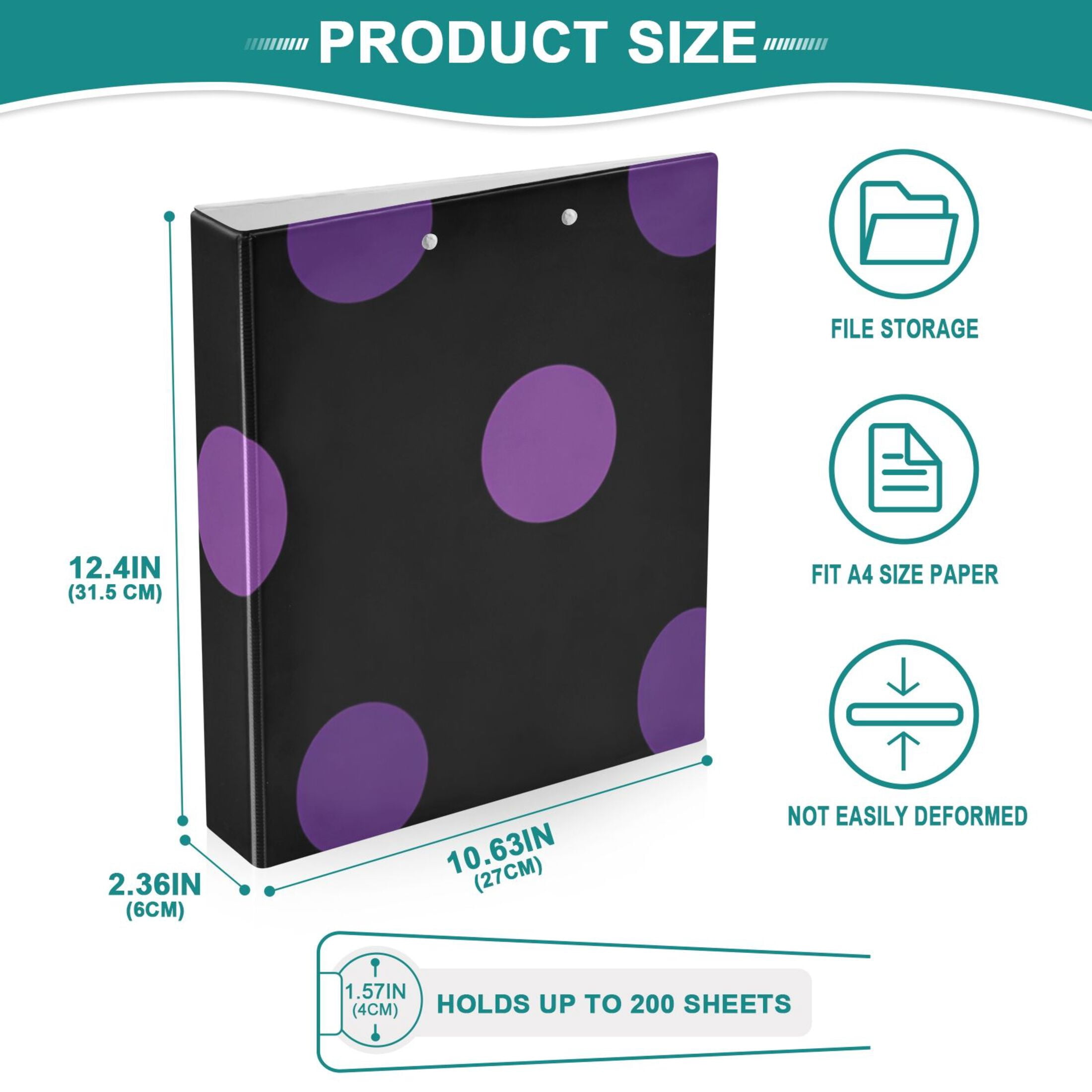 Purple Polka Dot 3 Ring Binders 1.5 inch Hardcover File Folders with Interior Pockets A4 Size Organizer for School Office Hospital