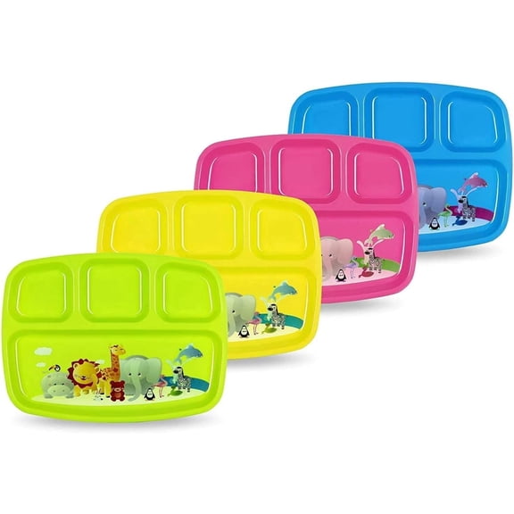 PLASKIDY Toddler Plates With Dividers - Set of 4 Kids Plates with 4 - Compartment Brightly Colored Children Dinner Divided Tray Dishwasher Safe BPA Free Plate With Fun Zoo Design