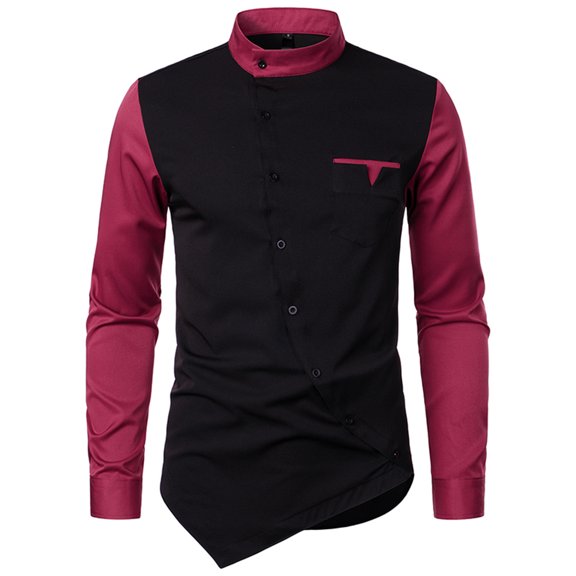AIEOTT Gothic T Shirts for Men Vintage Button Down Shirts Long Sleeve Color Block Shirts Slim Fit Patchwork Shirts Irregular Hem Top