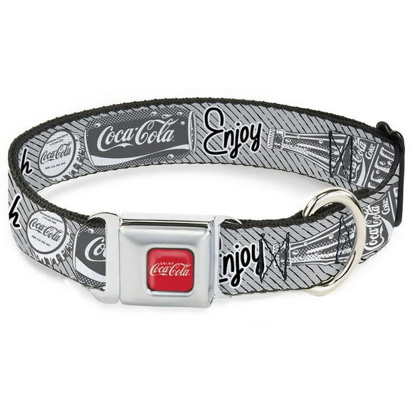 The Coca-Cola Company Pet Collar, Dog Collar Metal Seatbelt Buckle, Coca Cola Enjoy Refresh Can and Bottle Grays White Black, 9.5 to 13 Inches 1.0 Inch Wide