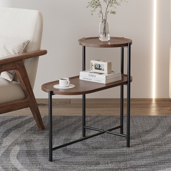 28x28 in Round Coffee Table with Storage Tray 2 Tier Oval End Tables Wooden Small Side Table for Home Decoration (Brown)